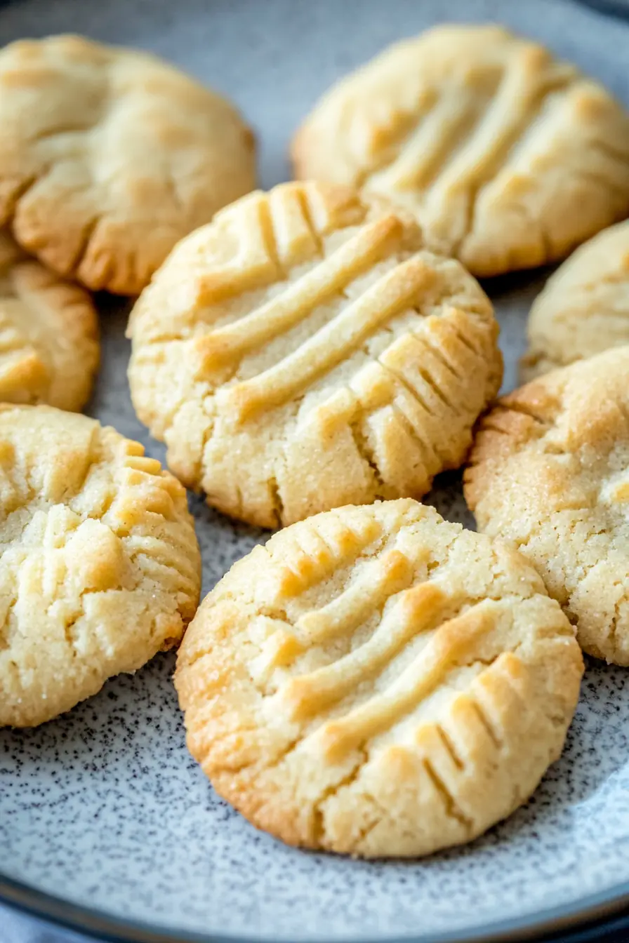 A plate of golden-brown keto butter cookies, with a crisp edge and a soft, buttery center, featuring a fork-pressed pattern on top.