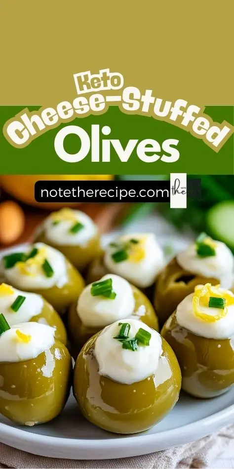 Keto cheese-stuffed olives with cream cheese, lemon zest, and chives on a white plate in a vertical Pinterest graphic