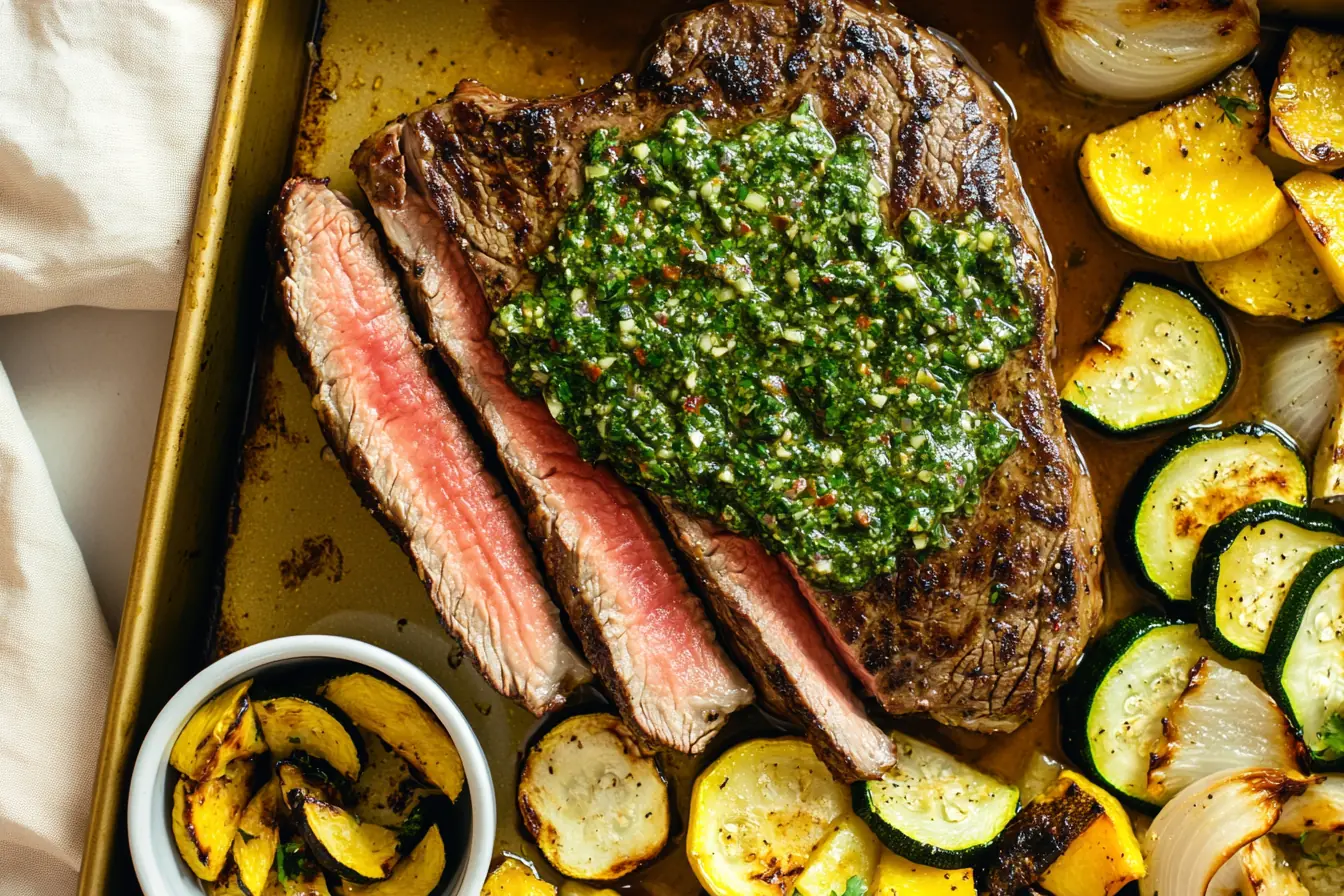 Perfectly cooked flank steak with fresh chimichurri sauce, sliced and served on a sheet pan with roasted zucchini, yellow squash, and caramelized onions. A keto-friendly, low-carb, and Whole30-approved dinner.