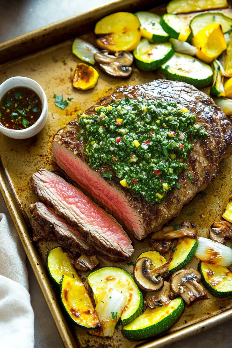 Juicy grilled flank steak with fresh chimichurri sauce, served on a golden sheet pan with roasted zucchini, mushrooms, onions, and yellow squash. A keto-friendly, low-carb meal perfect for meal prep.