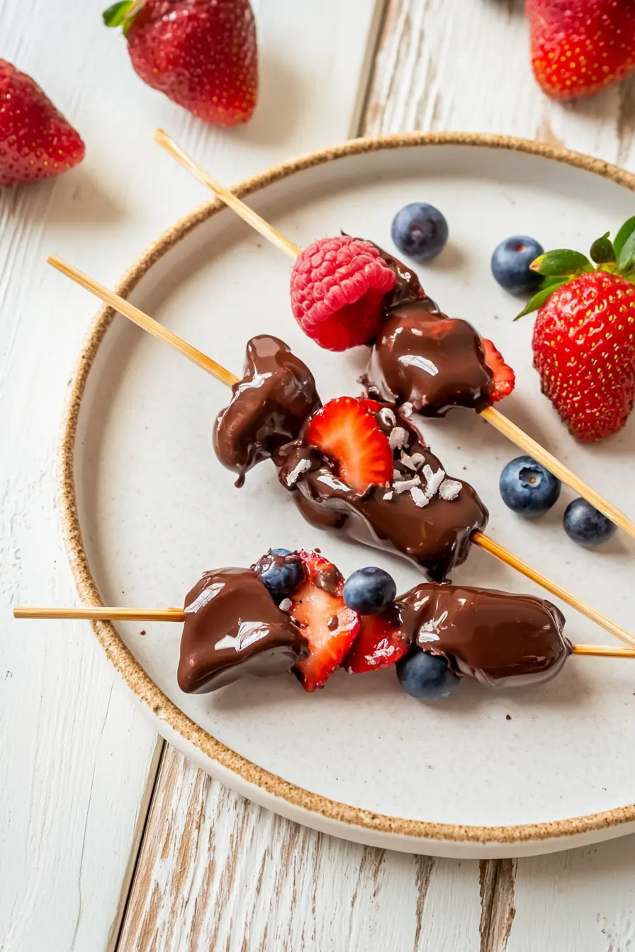Keto chocolate berry skewers with strawberries, raspberries, and blueberries dipped in melted sugar-free chocolate on a ceramic plate.