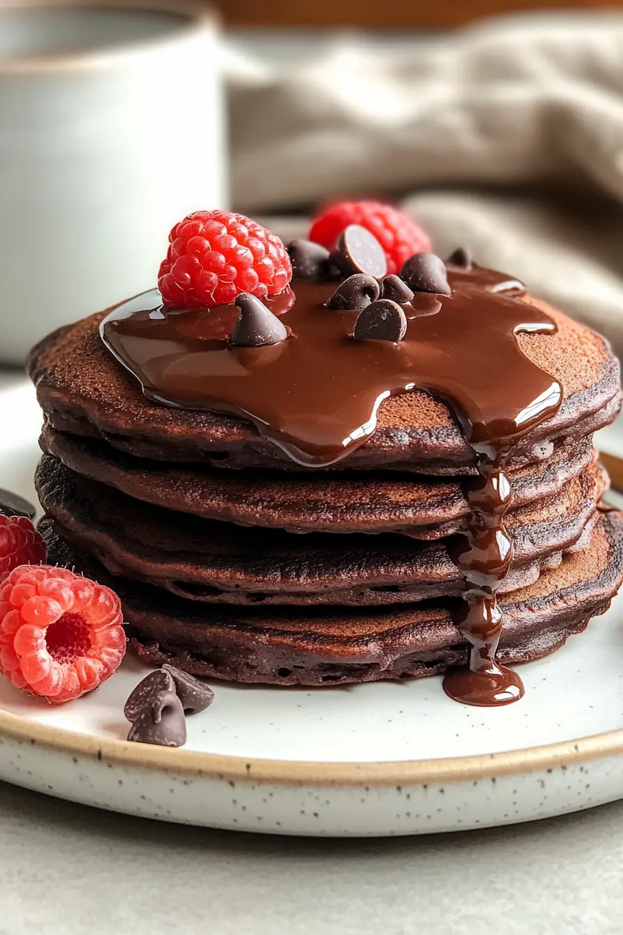 Keto chocolate pancakes with ganache, fresh raspberries, and sugar-free chocolate chips stacked on a plate
