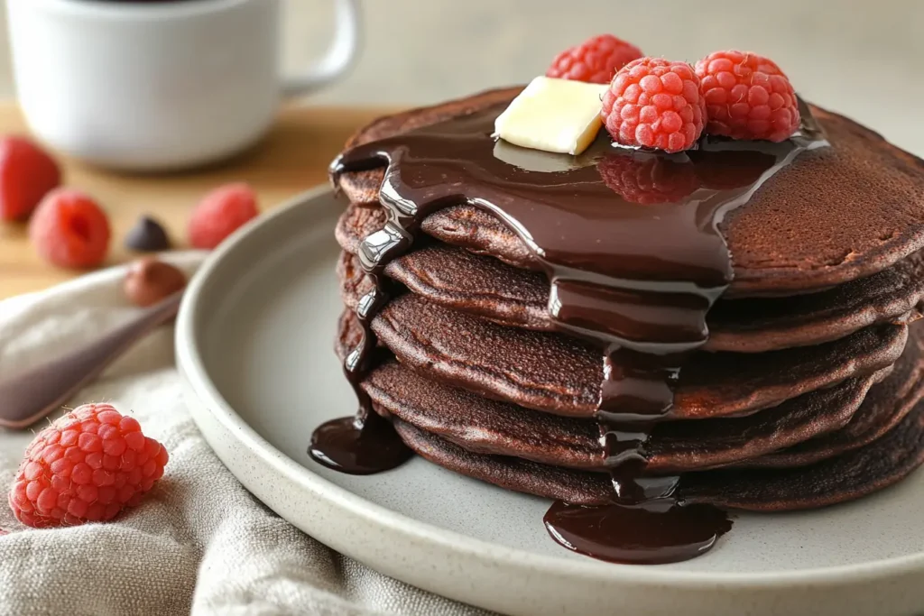 Stack of keto chocolate pancakes topped with ganache, butter, and raspberries on a ceramic plate
