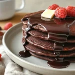 Stack of keto chocolate pancakes topped with ganache, butter, and raspberries on a ceramic plate