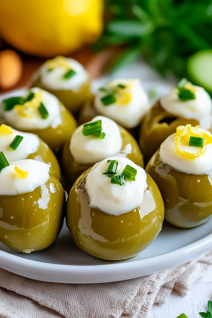 Stuffed green olives with cream cheese, chives, and lemon zest on a white plate