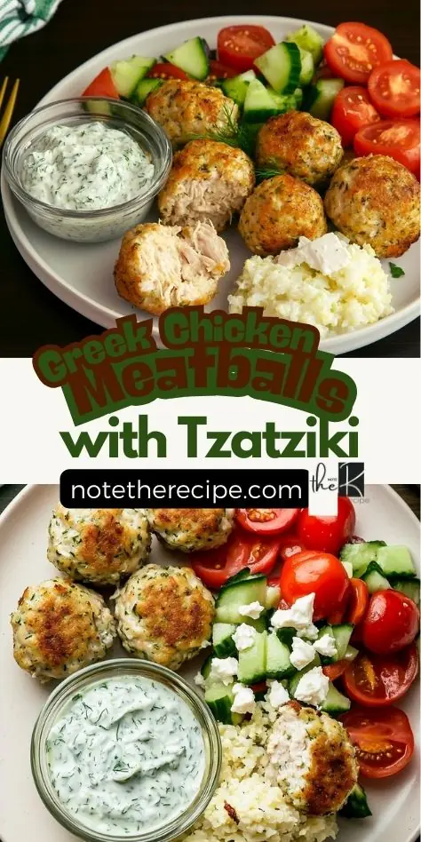 Greek chicken meatballs with tzatziki, served with cauliflower rice and fresh Mediterranean salad, featured in a Pinterest pin promoting a keto-friendly recipe.