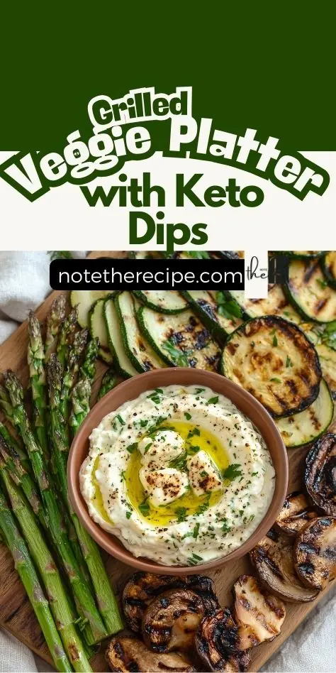 Grilled veggie platter with garlic feta keto dip, featuring asparagus, zucchini slices, and mushrooms arranged on a wooden board
