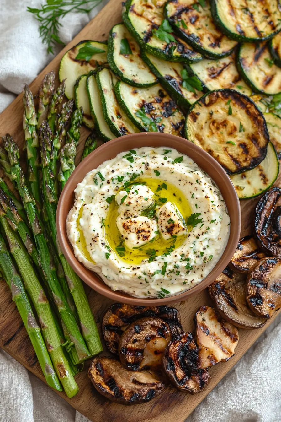 Close-up of grilled zucchini, asparagus, mushrooms with garlic feta dip