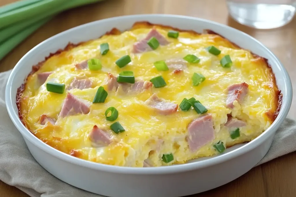 Baked keto ham and cheese breakfast casserole topped with green onions in a white dish