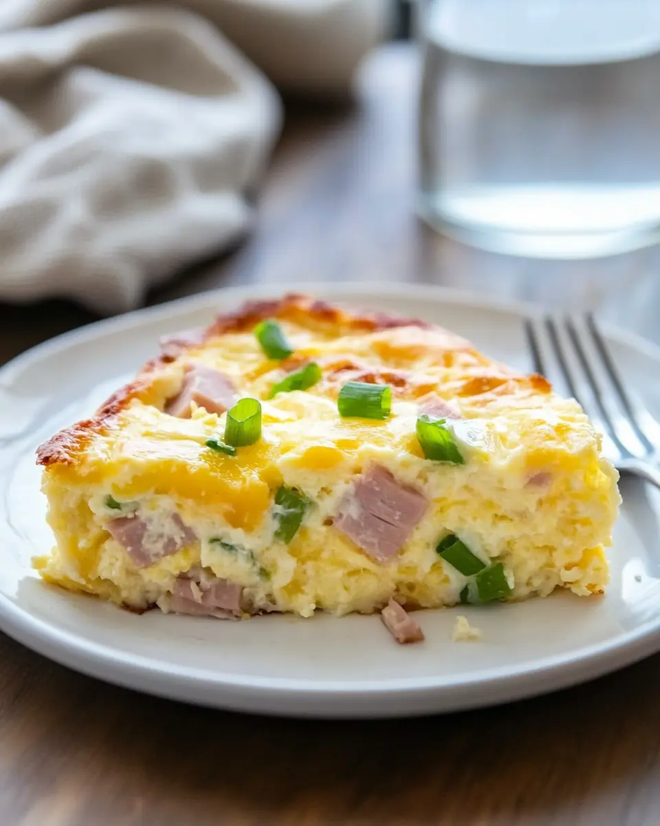 Slice of keto ham and cheese breakfast bake with green onions on a white plate