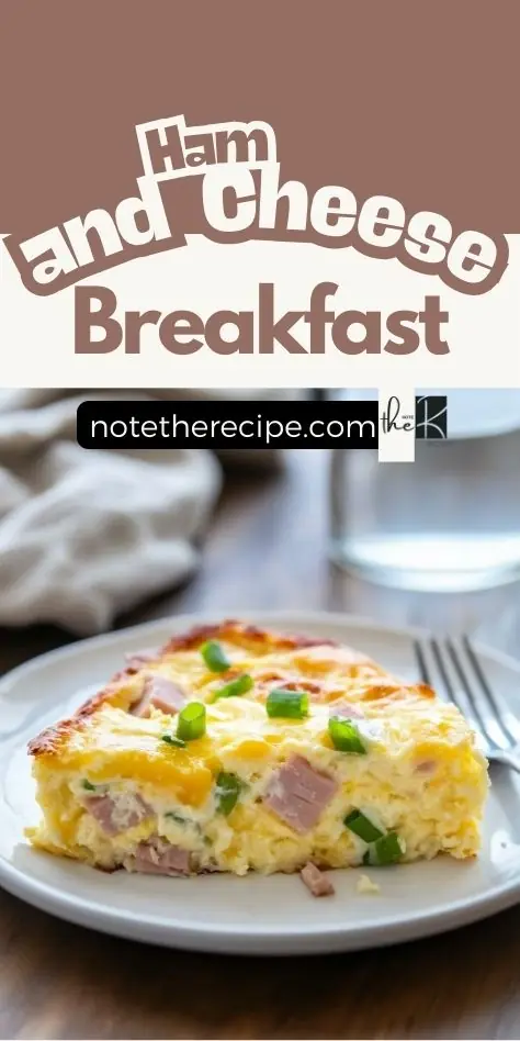 Keto ham and cheese breakfast casserole slice served on a plate with green onions