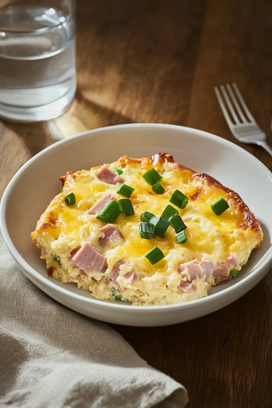 Plated serving of keto ham and cheese egg casserole topped with green onions