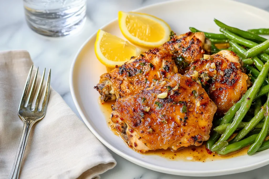 Keto lemon garlic butter chicken with green beans served on a white plate, drizzled with a rich garlic butter sauce, and garnished with fresh lemon wedges.
