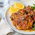 Keto lemon garlic butter chicken with green beans served on a white plate, drizzled with a rich garlic butter sauce, and garnished with fresh lemon wedges.