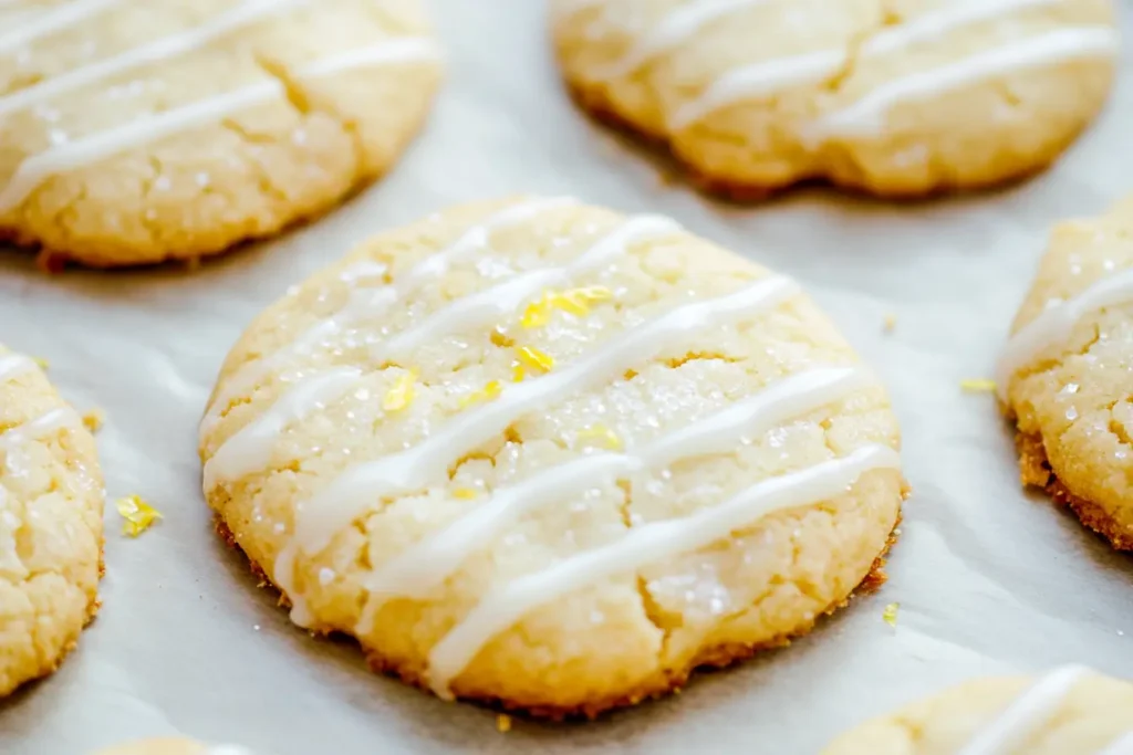 Close-up of keto lemon pound cookies with lemon glaze on parchment paper.