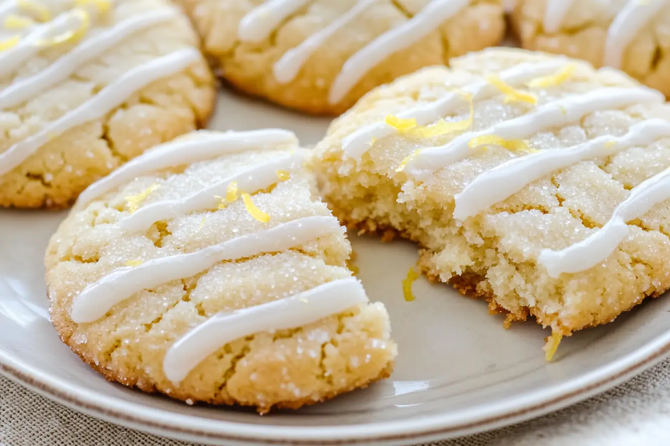 Soft Keto Lemon Pound Cookies Served on a Plate Keto lemon pound cookies on a plate with one broken open, showing soft texture and lemon glaze.