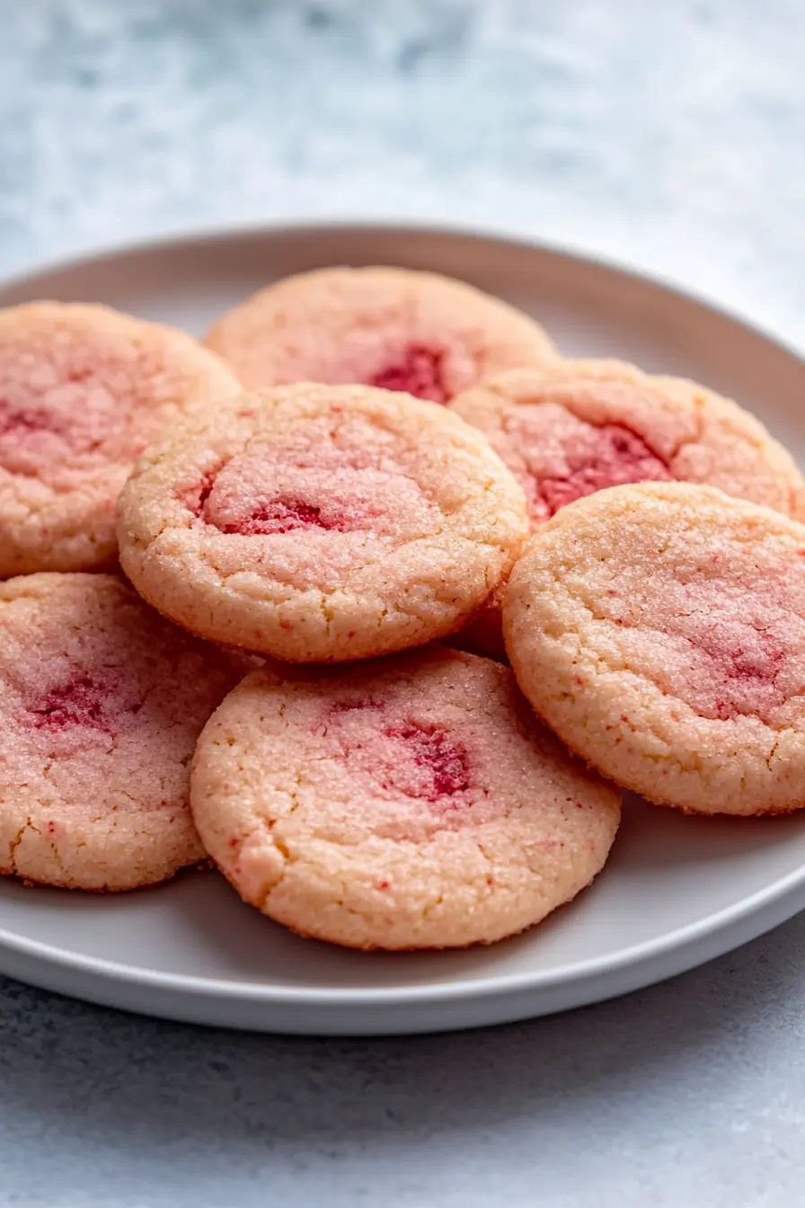 Close-up of soft, low-carb lychee-strawberry cookies on a white plate, featuring a light pink hue and smooth texture from freeze-dried strawberry powder.