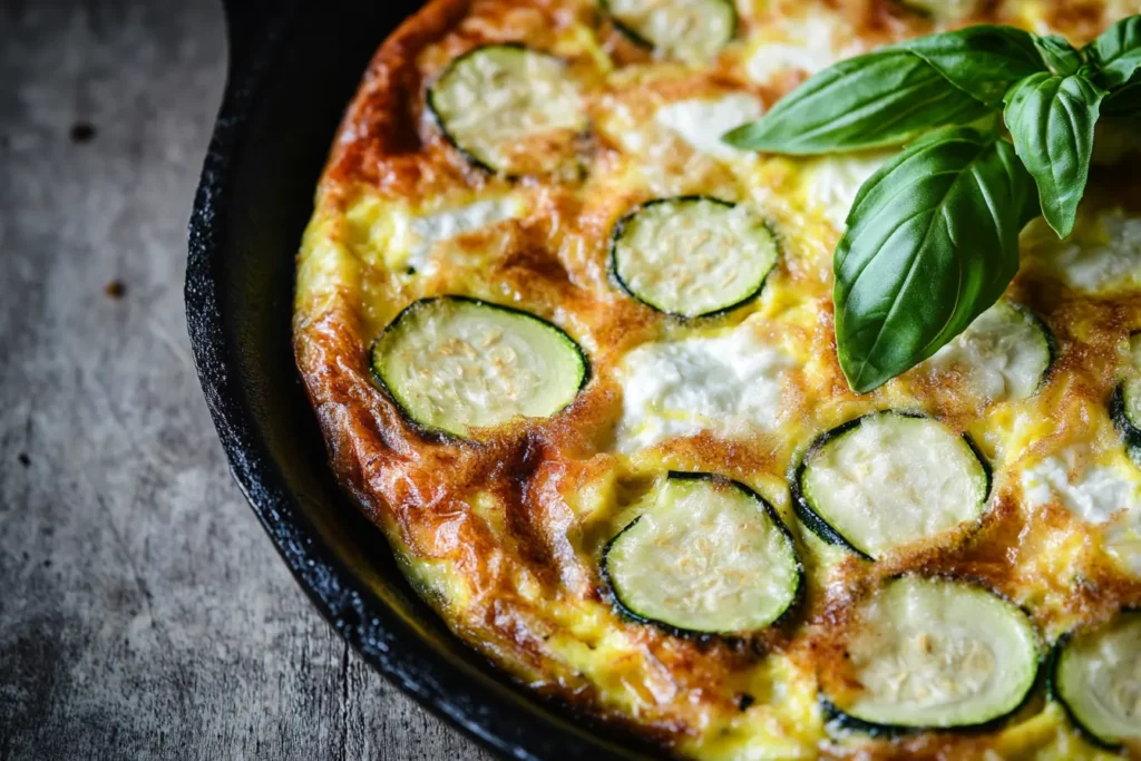 Golden-brown keto mozzarella basil zucchini frittata in a cast-iron skillet, garnished with fresh basil leaves, sitting on a rustic wooden surface.