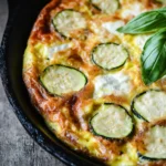 Golden-brown keto mozzarella basil zucchini frittata in a cast-iron skillet, garnished with fresh basil leaves, sitting on a rustic wooden surface.