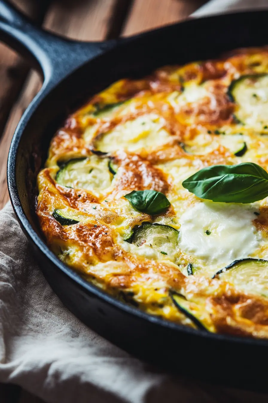 Keto Mozzarella Basil Zucchini Frittata – Golden & Cheesy Close-up of a golden-brown keto mozzarella basil zucchini frittata in a cast-iron skillet, featuring melted mozzarella, roasted zucchini slices, and fresh basil garnish.