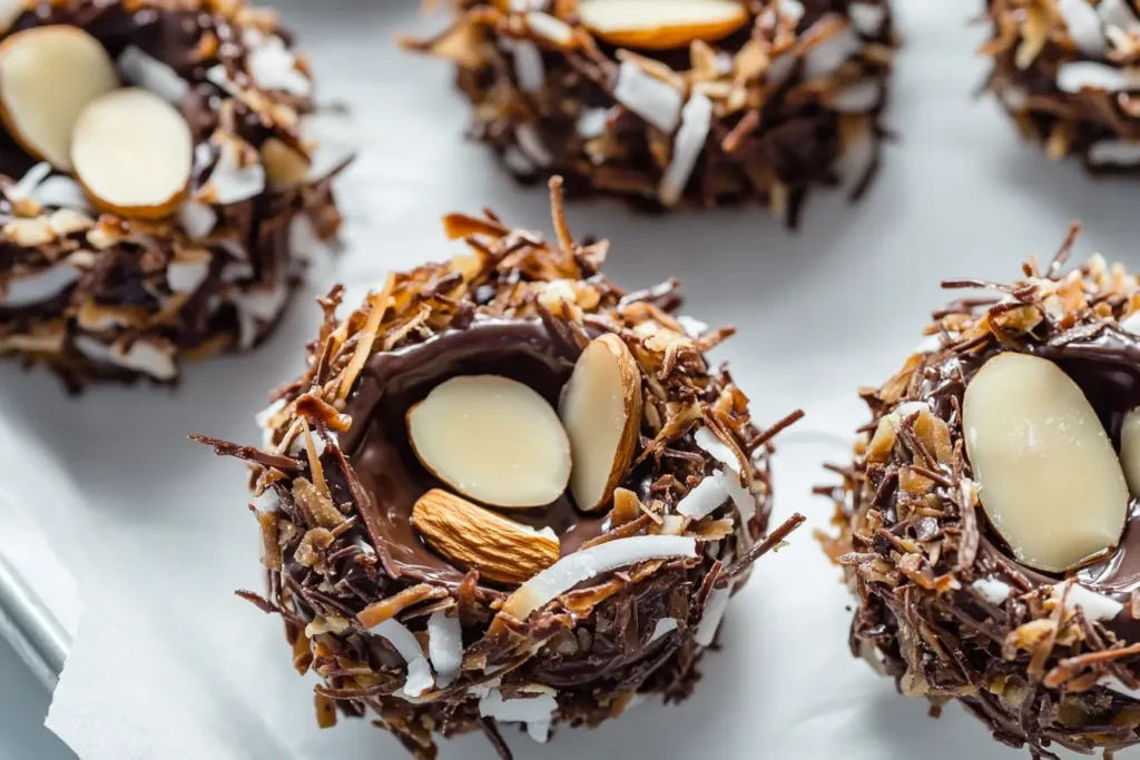 Close-up of no-bake chocolate nests made with toasted coconut flakes, almonds, and sugar-free dark chocolate, set on parchment paper. A crunchy, keto-friendly Easter treat with a rich, glossy chocolate coating.