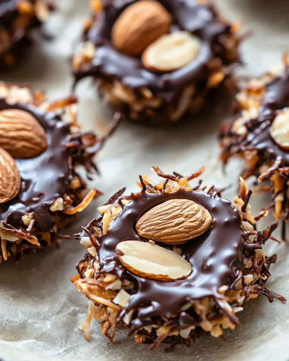 Close-up of keto-friendly no-bake chocolate nests made with toasted coconut flakes, whole almonds, and sugar-free dark chocolate, placed on parchment paper. A crunchy, low-carb Easter treat with a rich, glossy chocolate coating.