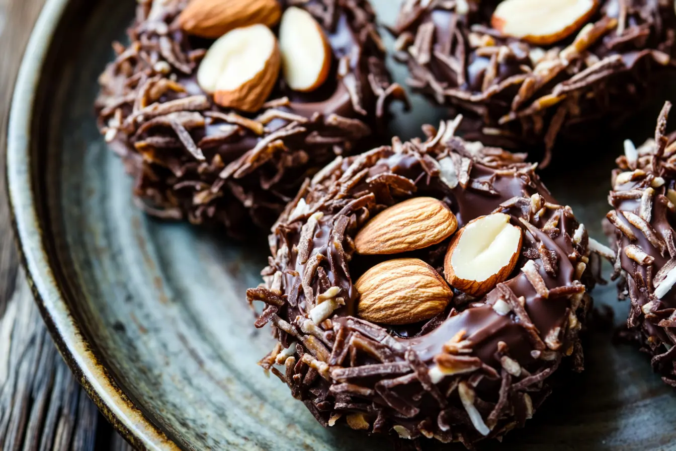 Close-up of keto no-bake chocolate nests with toasted coconut flakes, whole almonds, and sugar-free dark chocolate, arranged on a rustic ceramic plate. A crunchy, low-carb Easter treat with a rich, glossy chocolate coating.