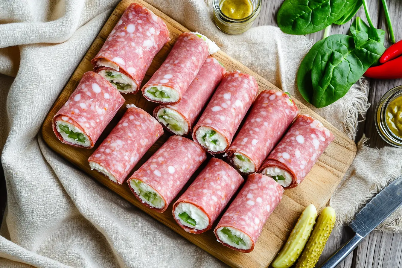 Keto salami roll-ups with cream cheese and pickles on a wooden board, perfect for low-carb snacks or picnic meals