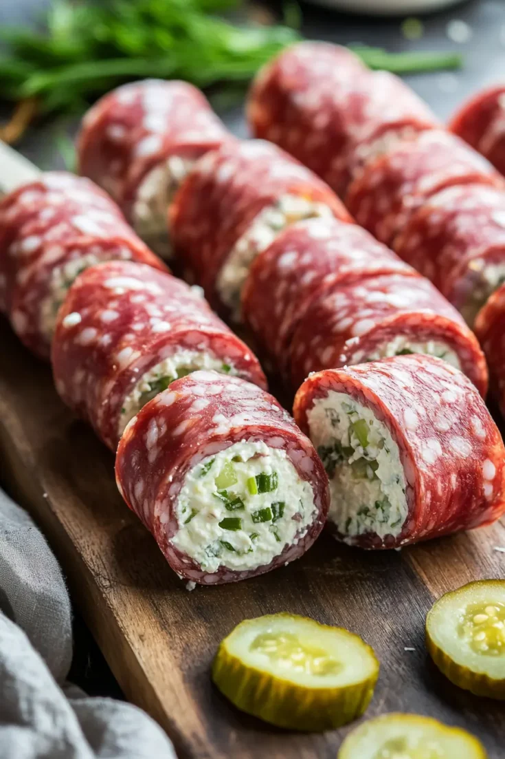 Close-up of keto salami roll-ups filled with cream cheese, diced pickles, and green onions, sliced and arranged on a wooden board