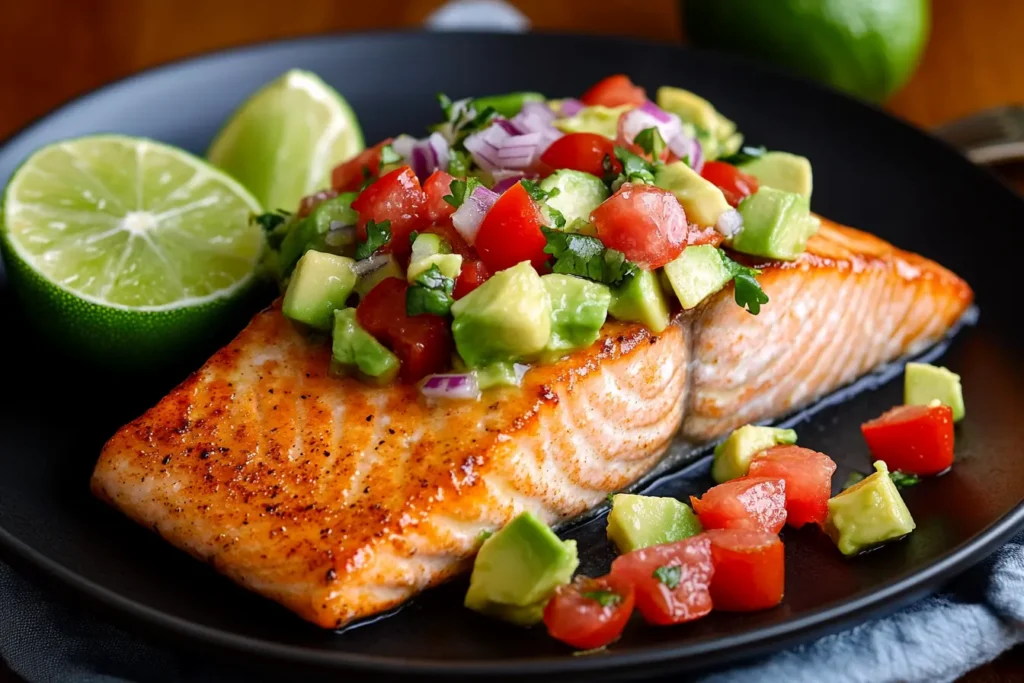 Keto Salmon with Avocado Salsa served on a black plate, featuring a crispy, pan-seared salmon fillet topped with chunky avocado salsa made of ripe avocados, cherry tomatoes, red onions, and cilantro. Garnished with fresh lime wedges.
