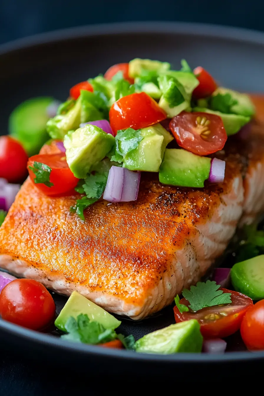 Keto Salmon with Avocado Salsa – Easy Low-Carb Dinner Keto Salmon with Avocado Salsa featuring a pan-seared salmon fillet with a crispy, golden crust, topped with chunky avocado salsa made from diced avocados, cherry tomatoes, red onions, and fresh cilantro, served on a black plate.