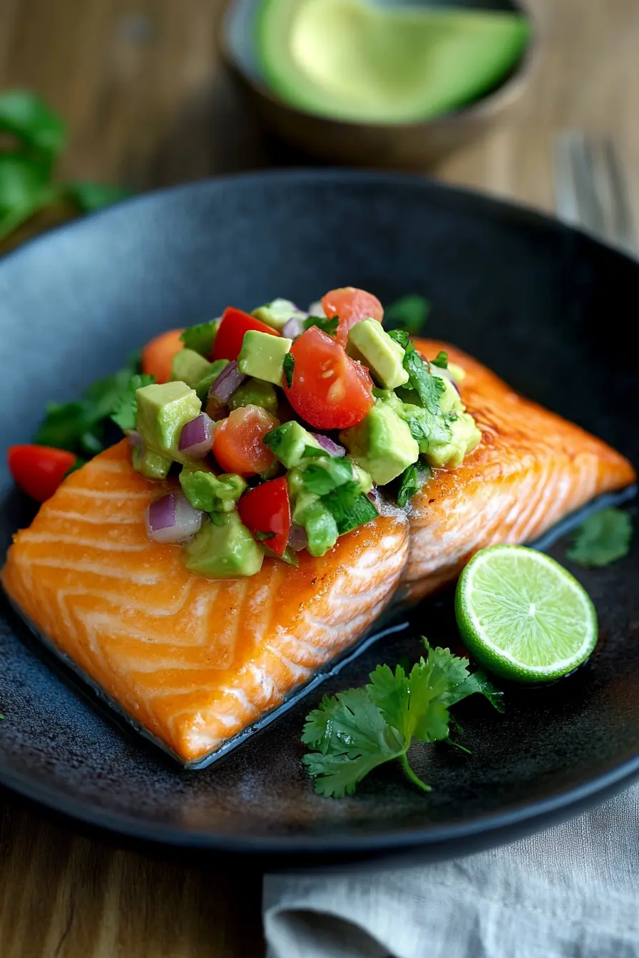 Keto Salmon with Avocado Salsa – Healthy & Low-Carb Meal Keto Salmon with Avocado Salsa served on a black plate, featuring a tender, pan-seared salmon fillet topped with fresh avocado salsa made of diced avocados, cherry tomatoes, red onions, and cilantro. Garnished with a sliced lime and fresh cilantro.