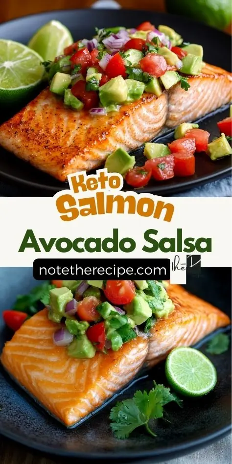 Keto Salmon with Avocado Salsa – Easy & Healthy Low-Carb Recipe Keto Salmon with Avocado Salsa featuring a perfectly seared salmon fillet with a golden crust, topped with fresh avocado salsa made of diced avocados, cherry tomatoes, red onions, and cilantro. A vibrant and healthy low-carb meal, displayed on a black plate with lime garnish.