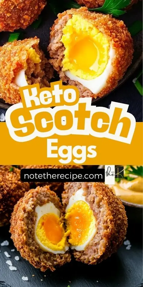 Crispy keto Scotch eggs with a golden pork rind coating, cut open to reveal a runny yolk, garnished with fresh parsley and served on a dark slate plate.