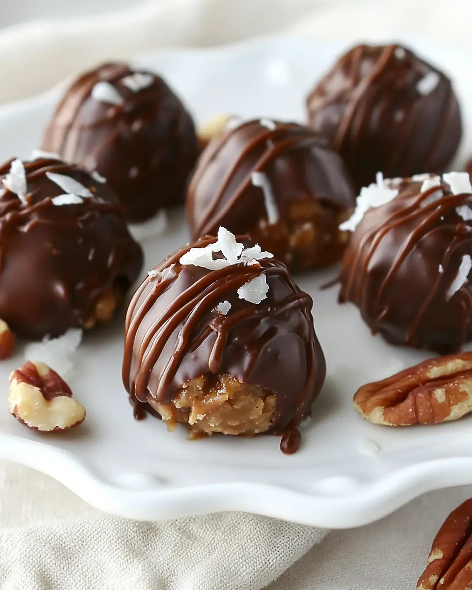 Close-up of keto Scotcheroo Truffles with chocolate drizzle and coconut flakes on a white plate with pecans