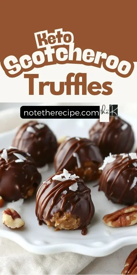 Pinterest image of keto Scotcheroo Truffles with chocolate drizzle and coconut, served on a white plate with pecans