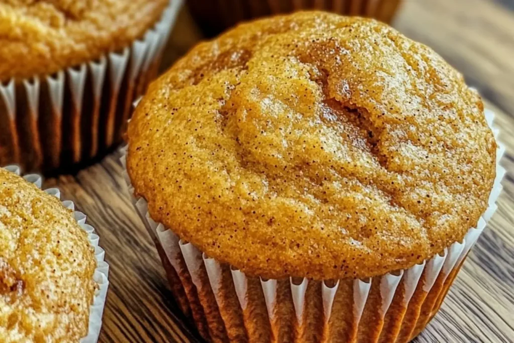 Close-up of a freshly baked Keto Spiced Muffin, golden brown with a fluffy texture, highlighting its warm cinnamon and nutmeg spices. A perfect low-carb, sugar-free muffin.