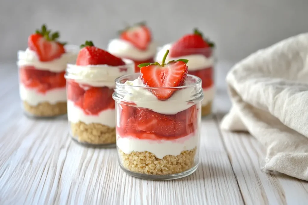 Keto strawberry cheesecake cups in glass jars with layers of almond flour crust, creamy filling, and fresh strawberry topping.