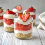 Keto strawberry cheesecake cups in glass jars with layers of almond flour crust, creamy filling, and fresh strawberry topping.