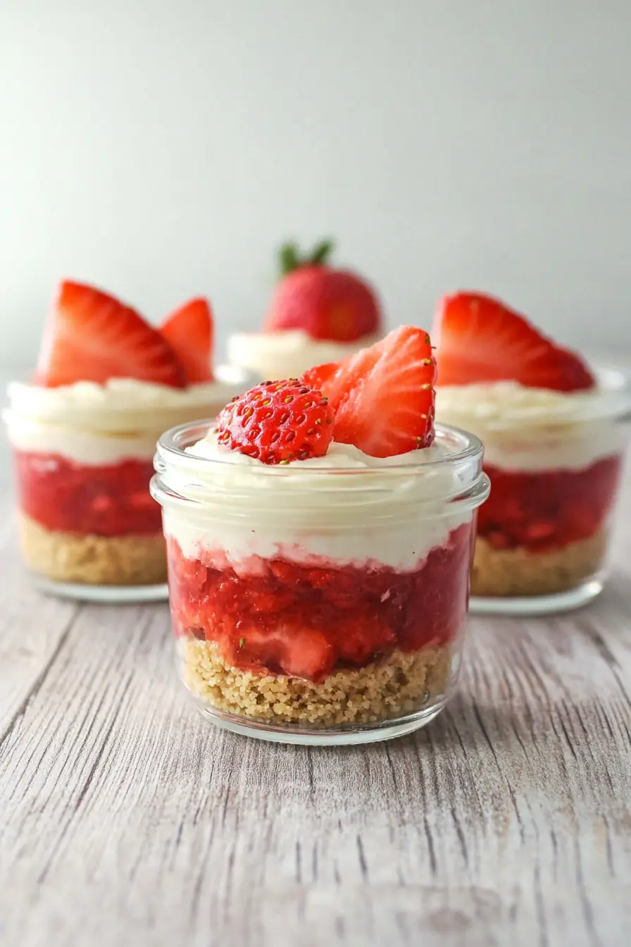 Side view of keto strawberry cheesecake cups in glass jars with layers of almond flour crust, mashed strawberries, and sugar-free cream cheese filling.