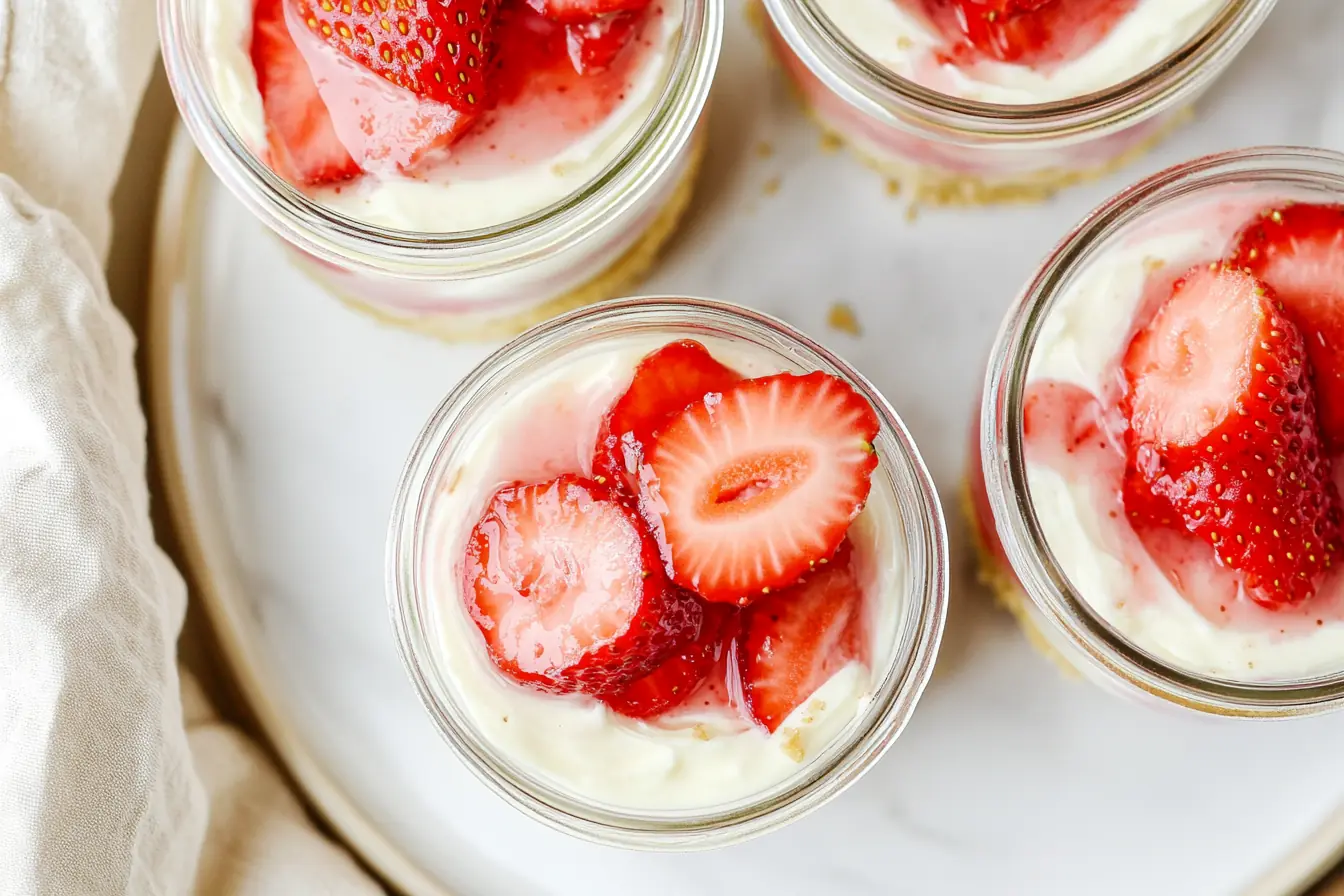 Top view of keto strawberry cheesecake cups in glass jars with sugar-free cream cheese filling and fresh strawberry slices on a white plate.