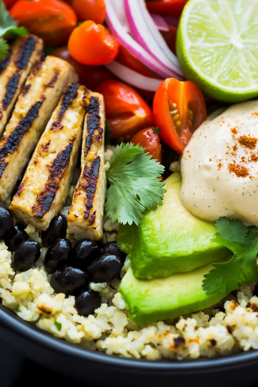 Close-up of a keto-friendly vegan burrito bowl with cauliflower rice, grilled tofu, black beans, fresh avocado slices, cherry tomatoes, red onions, lime wedges, and cashew lime crema, garnished with cilantro.