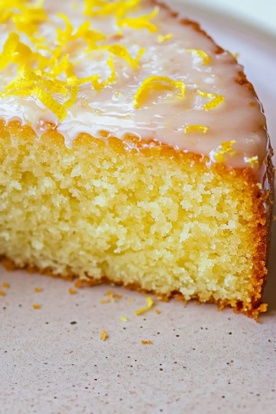 Close-up of a moist Lemon Almond Cake with a golden crust, topped with a glossy sugar-free lemon glaze and fresh lemon zest, perfect for a gluten-free dessert.