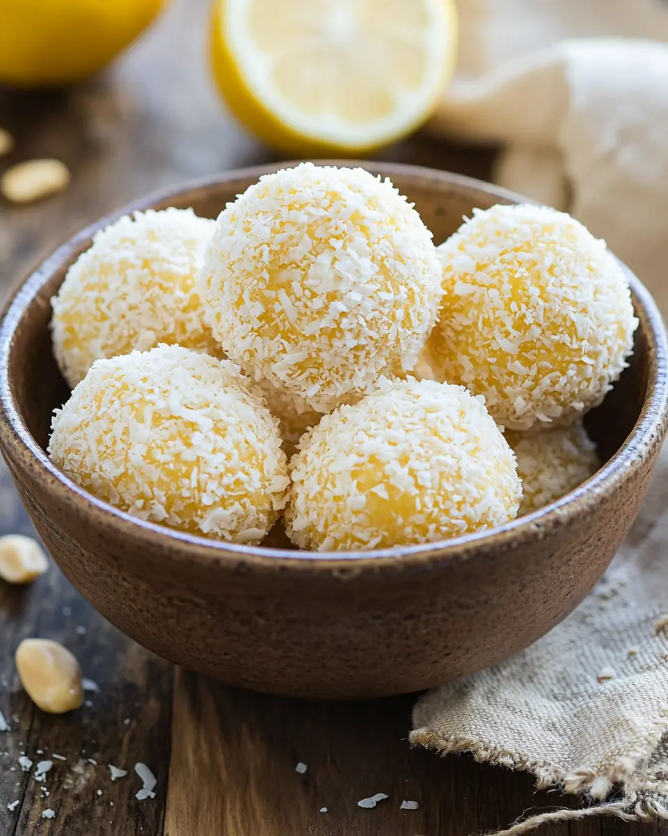 Lemon and Nut Bliss Balls in Rustic Bowl – No-Bake Treat Lemon and nut bliss balls coated in shredded coconut, stacked in a rustic brown bowl on a wooden surface with lemon halves and nuts nearby.
