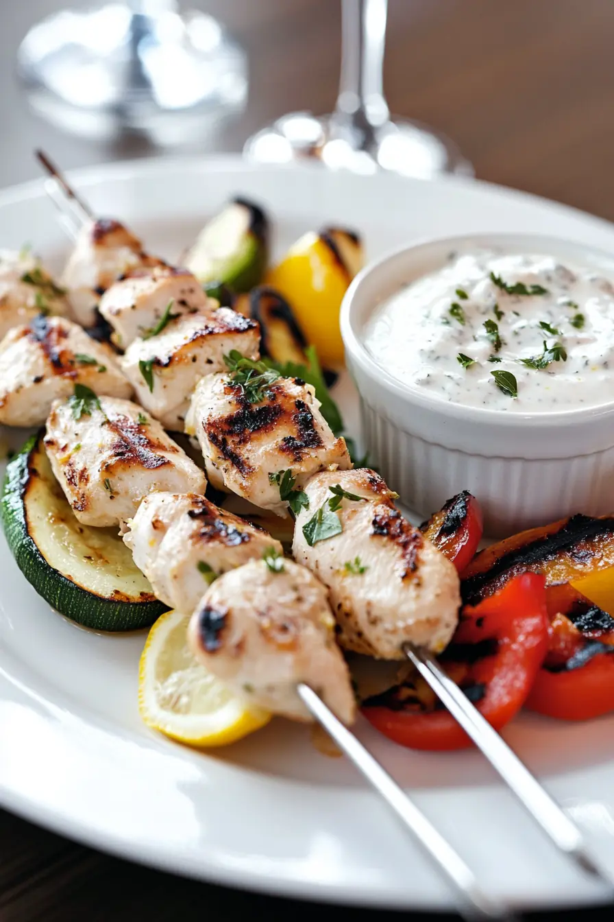 Lemon herb grilled chicken skewers with grilled vegetables and creamy herb yogurt dip