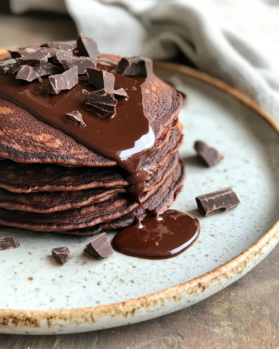 Low carb chocolate pancakes with melted ganache and dark chocolate chunks on a ceramic plate