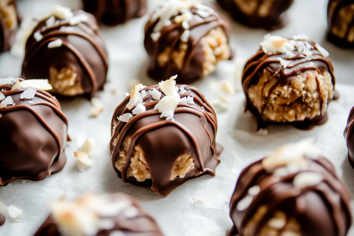 Keto Scotcheroo Truffles coated in sugar-free chocolate and topped with coconut flakes on parchment paper