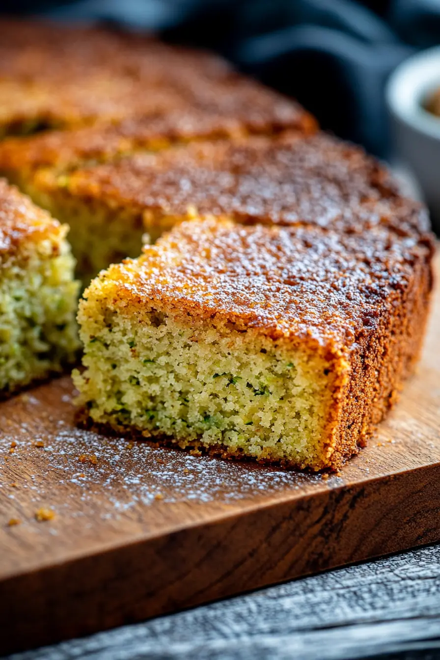 Low-Carb Spiced Breakfast Cake – Healthy & Gluten-Free A close-up of a golden-brown spiced breakfast cake, sliced to reveal a soft, moist crumb with flecks of zucchini. Lightly dusted with powdered sweetener.