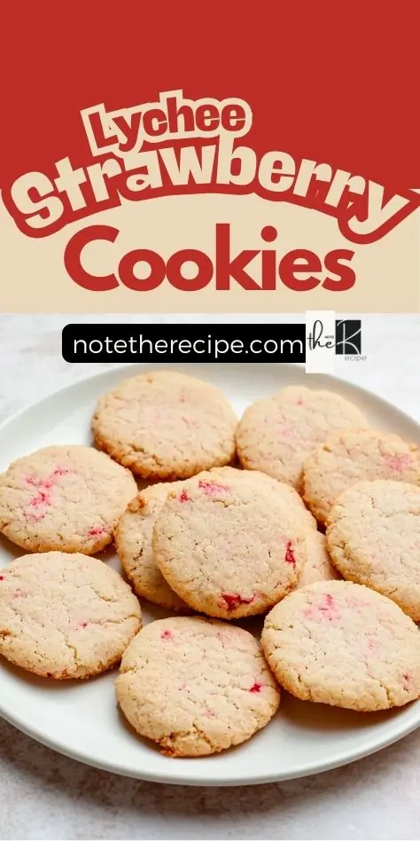 Vertical Pinterest pin showing almond flour lychee-strawberry cookies on a white plate, with crisp edges and light pink strawberry flecks, labeled with the recipe name.