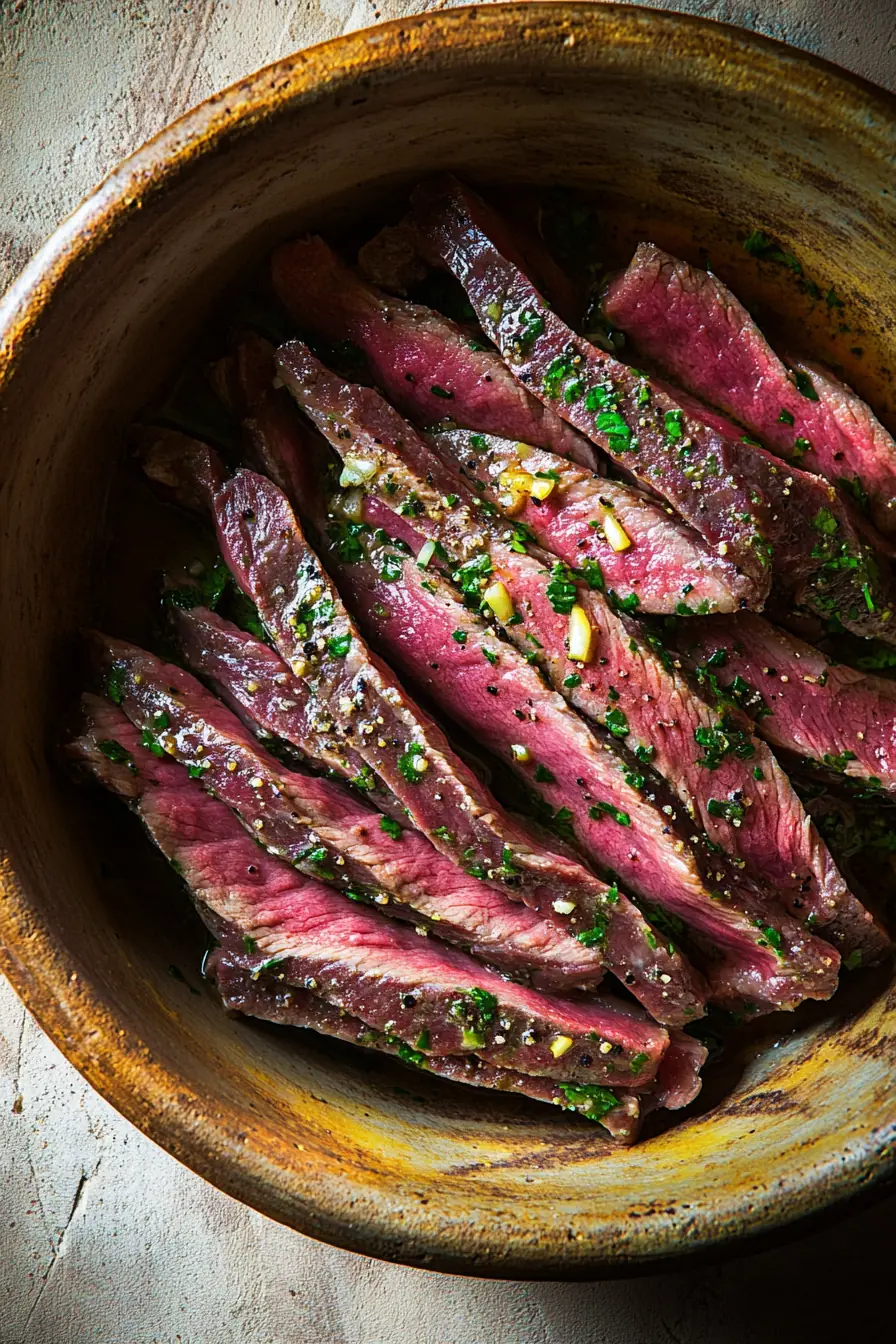 Sliced medium-rare flank steak marinated in fresh chimichurri sauce, garnished with garlic, black pepper, and chopped herbs in a rustic ceramic bowl.